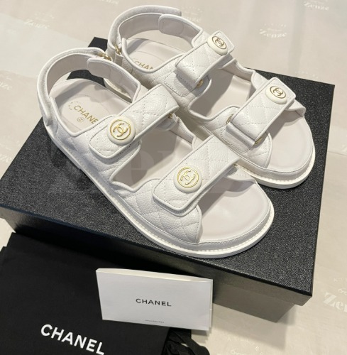 CHANEL CaviarLeather Velcro Sandal White